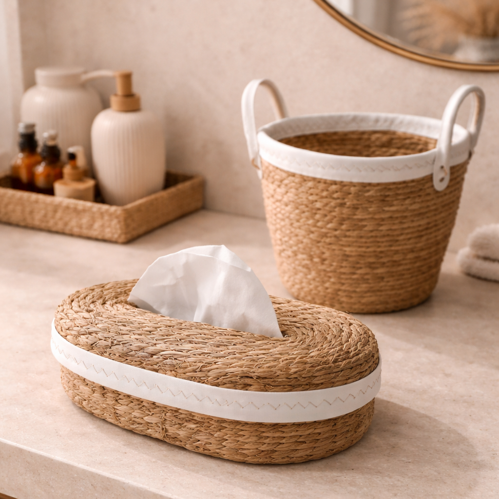 Woven tissue box and basket on a bathroom counter with toiletries in the background.