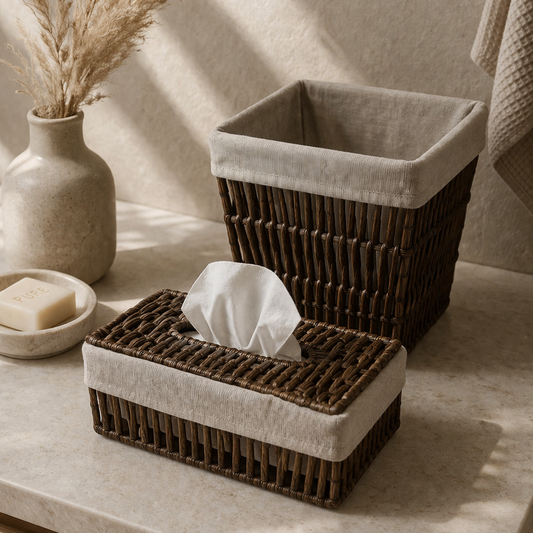 Wicker baskets with white liners on a marble surface, with a vase and soap dish in the background.