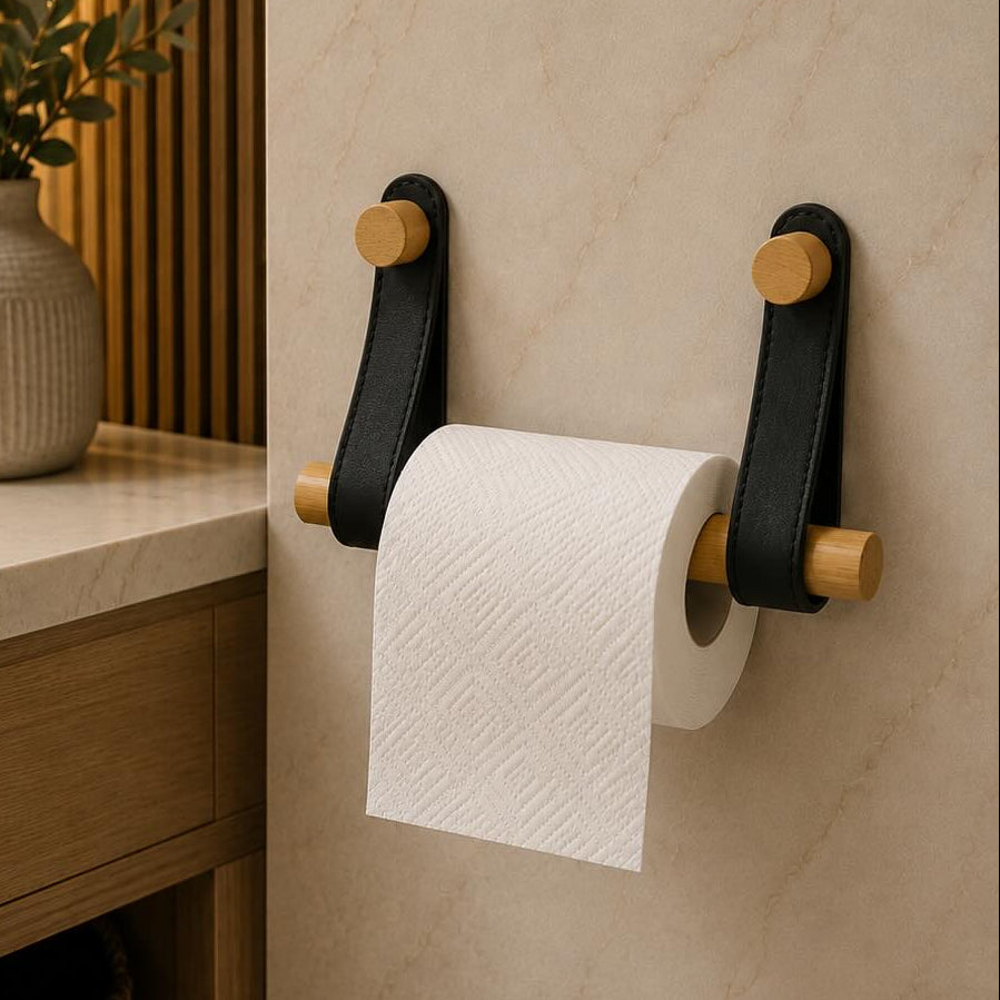 Bamboo & Leather Toilet Paper Holder – Minimalist Wall Mounted Bathroom Tissue Roll Holder