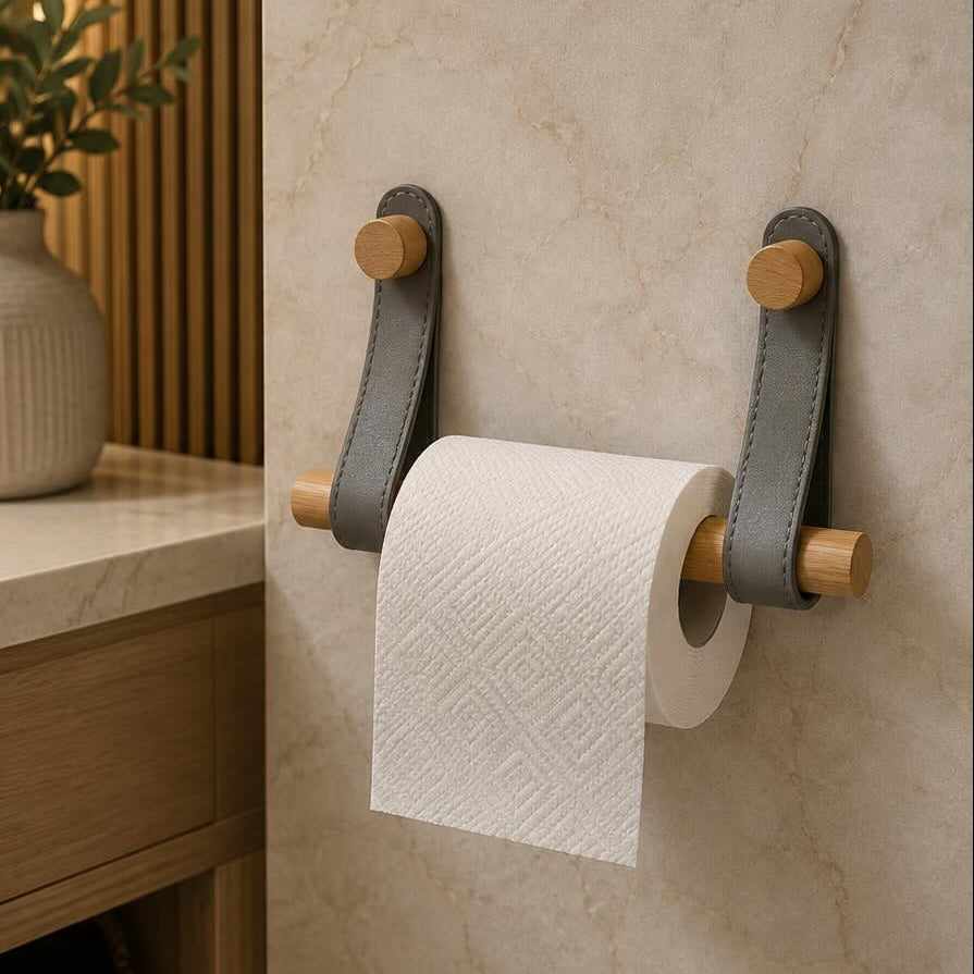 Bamboo & Leather Toilet Paper Holder – Minimalist Wall Mounted Bathroom Tissue Roll Holder