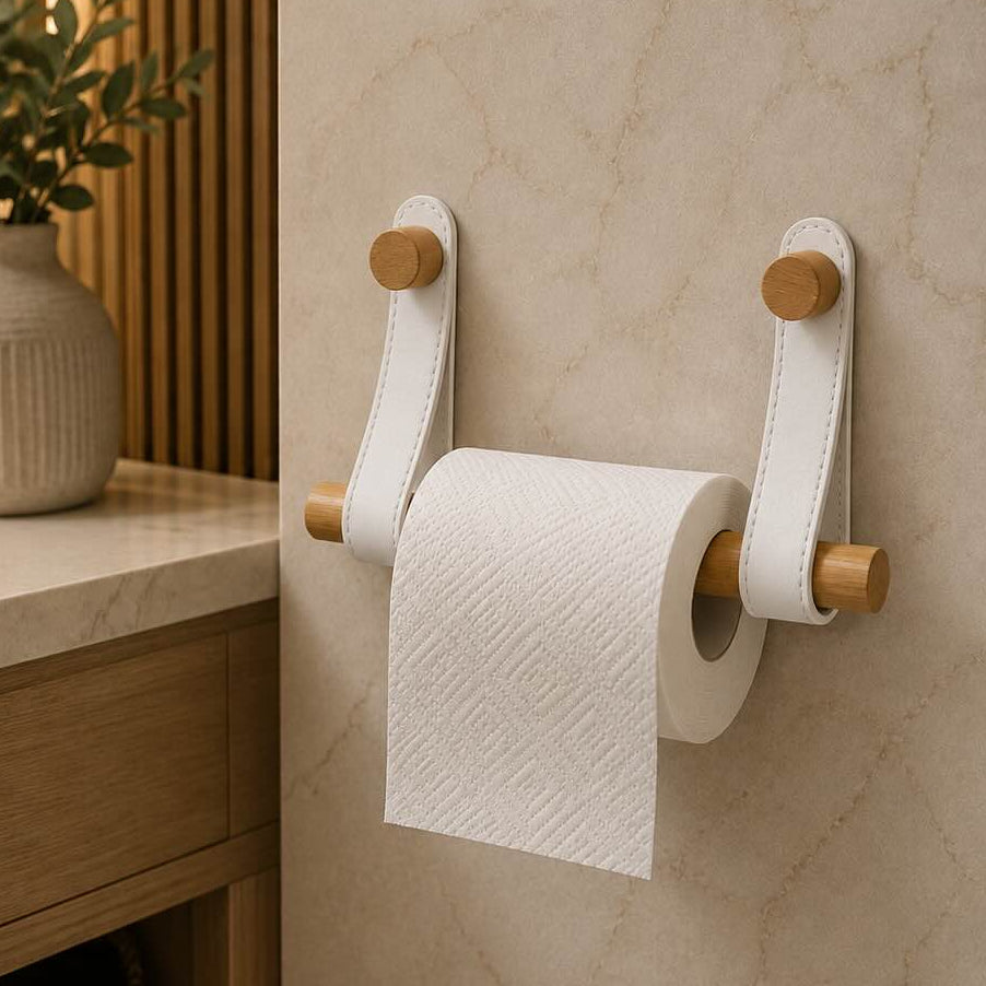 Bamboo & Leather Toilet Paper Holder – Minimalist Wall Mounted Bathroom Tissue Roll Holder