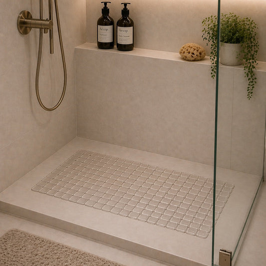 Modern shower with glass enclosure, tiled floor, and decorative elements.
