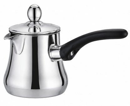 A stainless steel Turkish coffee pot with a black handle and lid knob, shown on a plain white background.