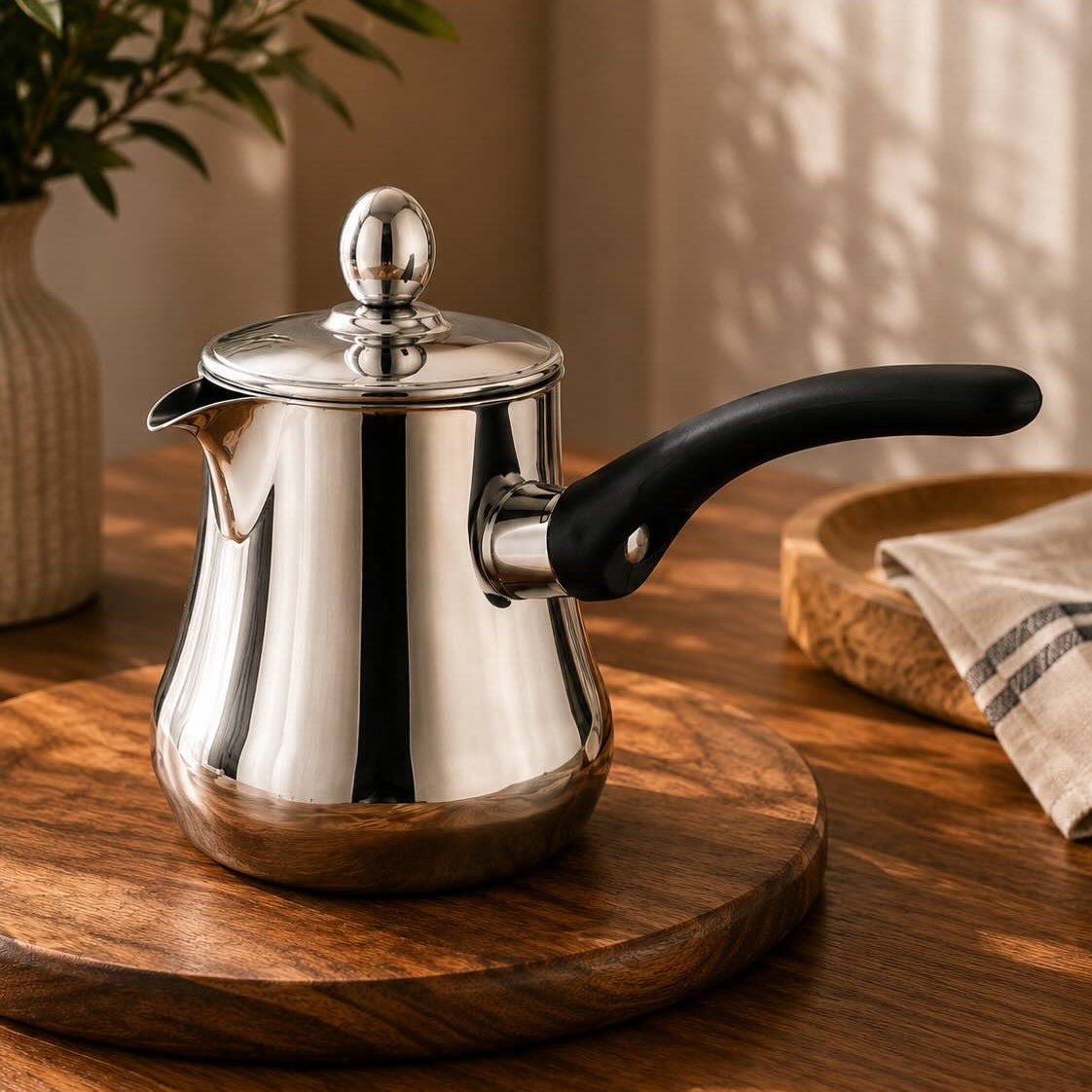 A polished stainless steel teapot with a black handle and lid knob, resting on a round wooden serving board on a warm wooden table.