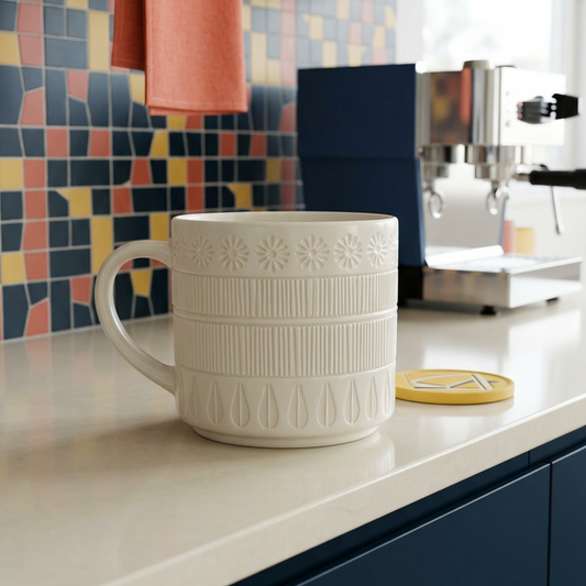 Embossed Ceramic Coffee Mug – Textured Pattern Large – Black & White