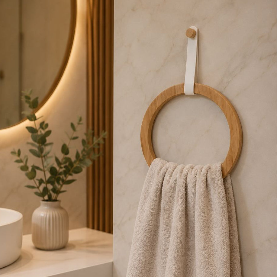 Bamboo & Leather Towel Ring Holder – Minimalist Wall Mounted Bathroom Towel Holder
