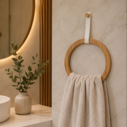 Bamboo & Leather Towel Ring Holder – Minimalist Wall Mounted Bathroom Towel Holder