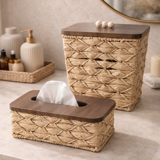 Woven Tissue Box & Storage Bin Set with Wooden Lid – Bedroom/Bathroom Organizer Décor